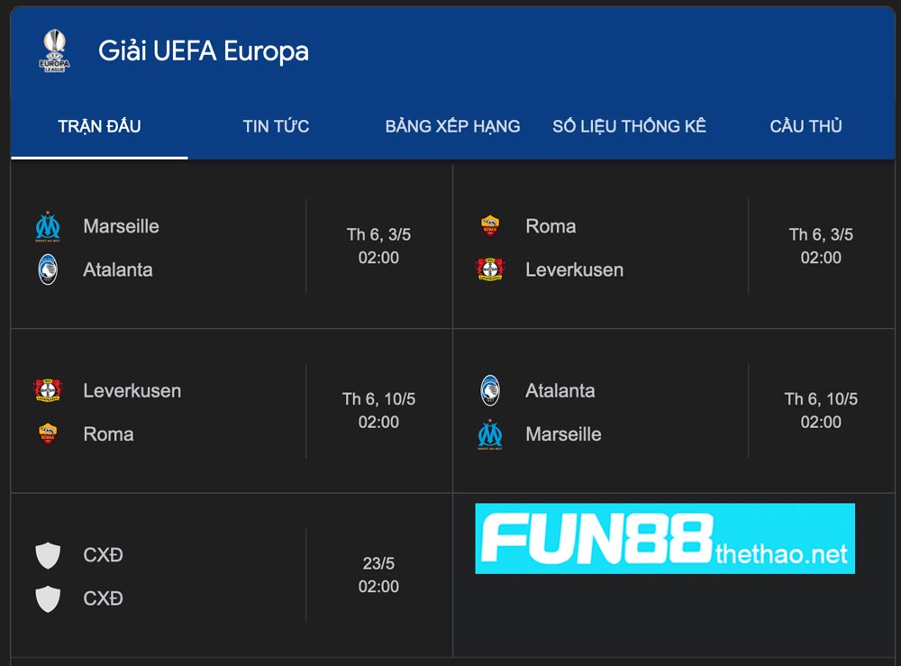 Lịch thi đấu giải europa league 2023 2024 tại fun88